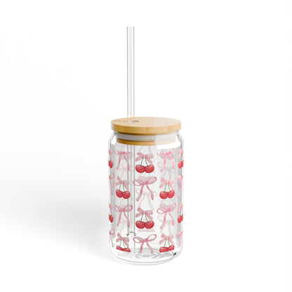 🍒 Pink Bow & Cherries Glass Cup – Sweet & Chic
