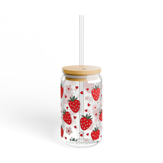 Strawberry Sipper Glass, Cute Strawberry Drink Cup, Summer Beverage Jar, Gift for Her, Eco-Friendly Straw Bottle