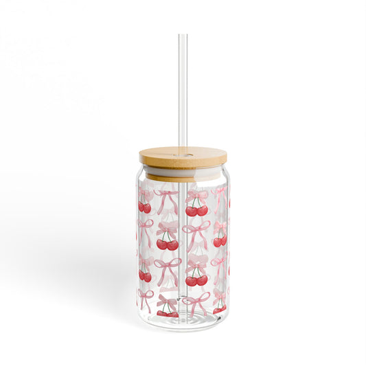 🍒 Pink Bow & Cherries Glass Cup – Sweet & Chic