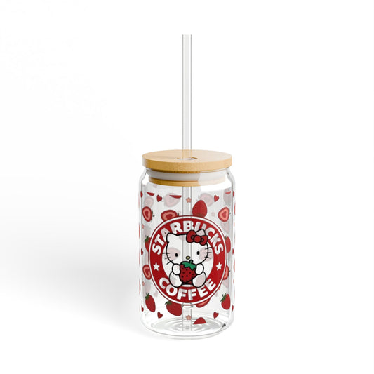 Strawberry Hello Kitty Glass Cup With Straw