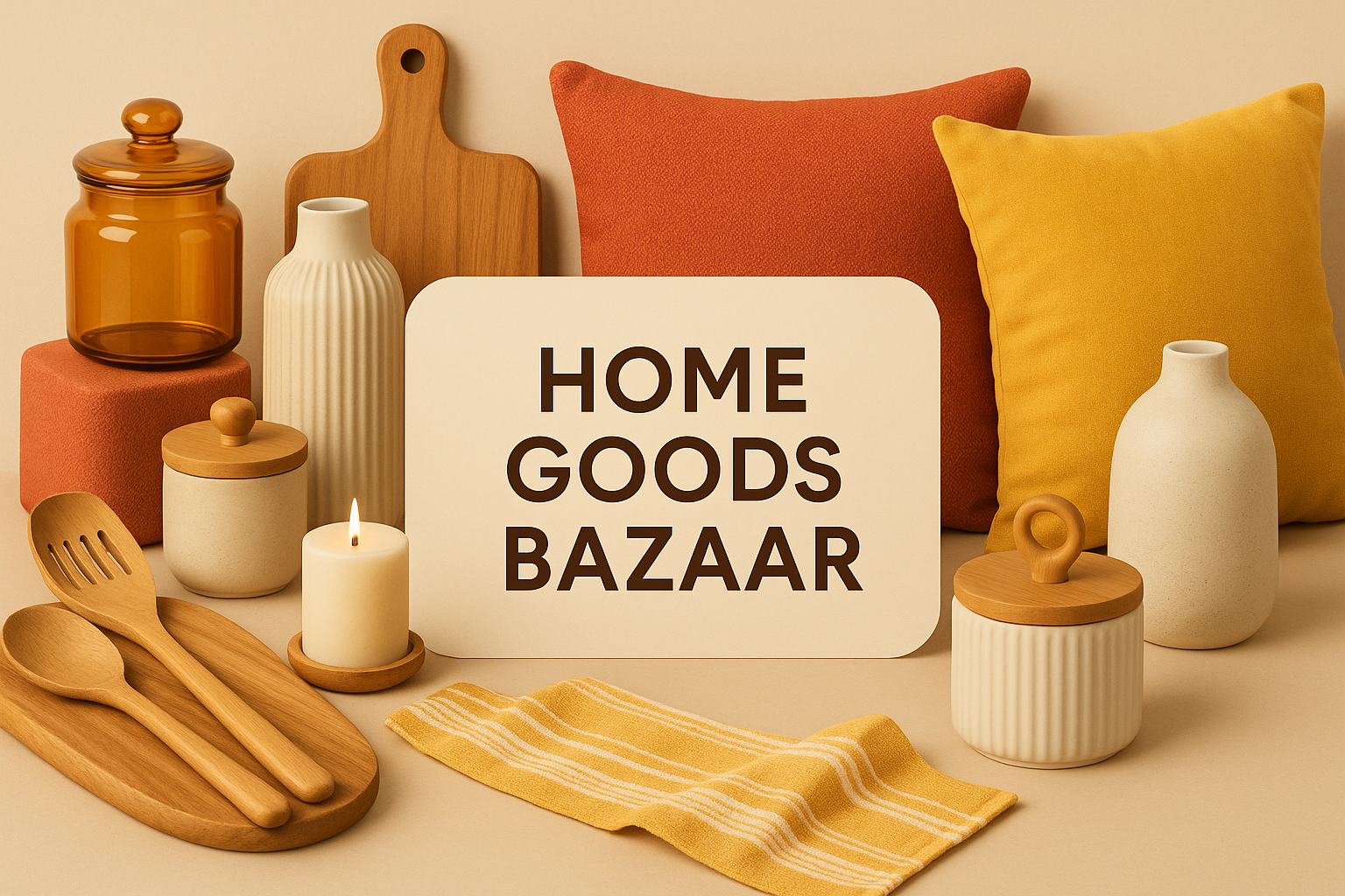 Banner de tienda online de bazar, con productos de hogar, cocina y decoración, dispuestos de manera ordenada y atractiva. Colores cálidos y acogedores (amarillo, rojo, beige), estilo moderno y profesional, transmitiendo comodidad y confianza. Espacio para texto de banner.